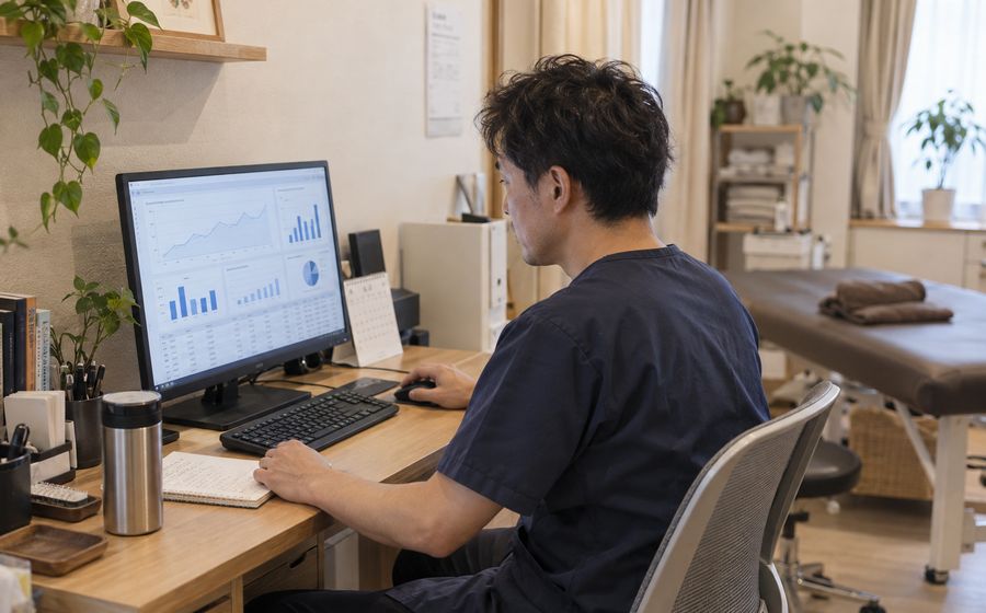 院内のパソコンで売上データを確認するスタッフ