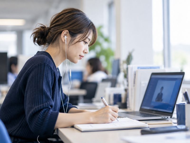イヤホンをしてノートPCで動画学習をする社員
