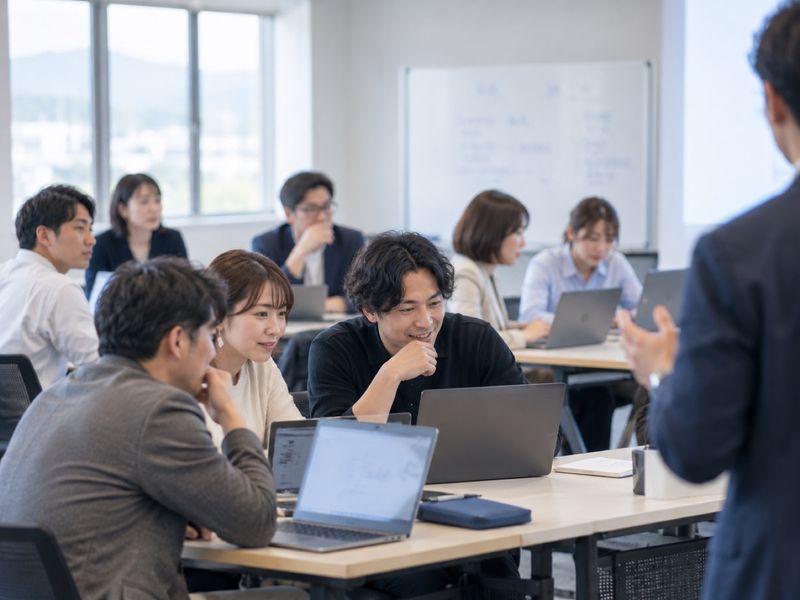 研修ルームでノートPCを使って演習する受講者
