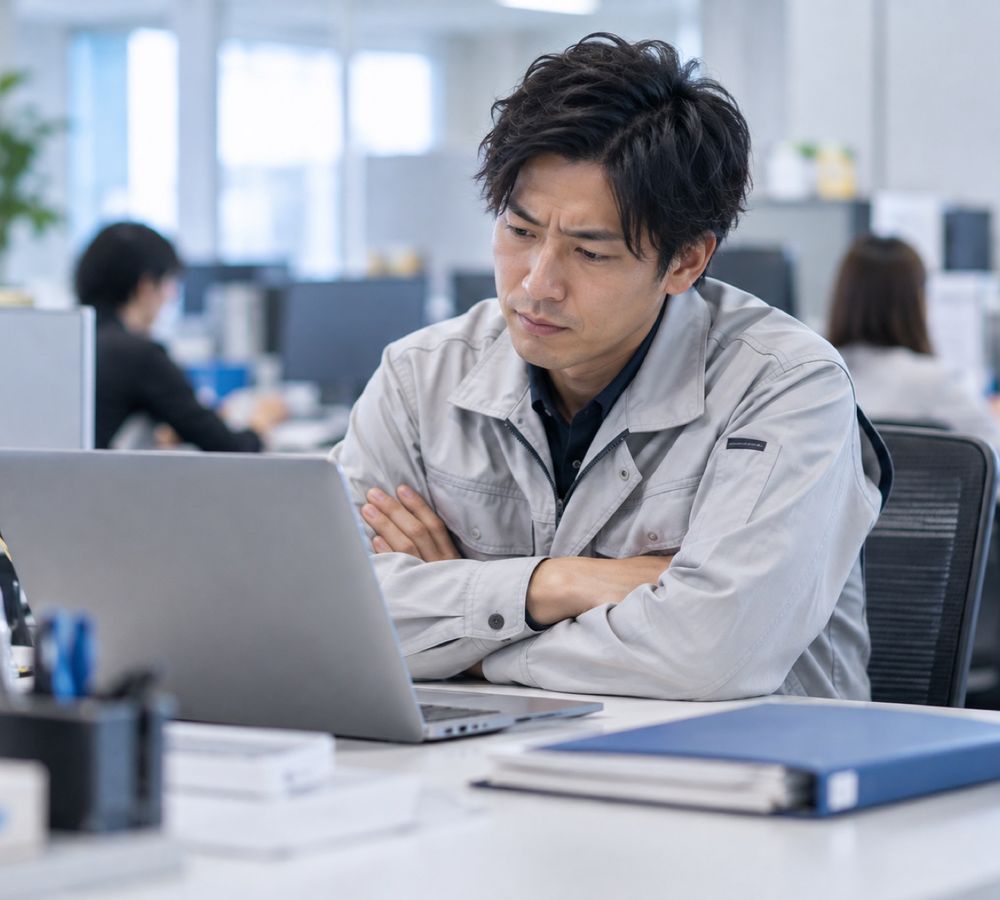 ノートPCの前で腕を組み、考え込む社員